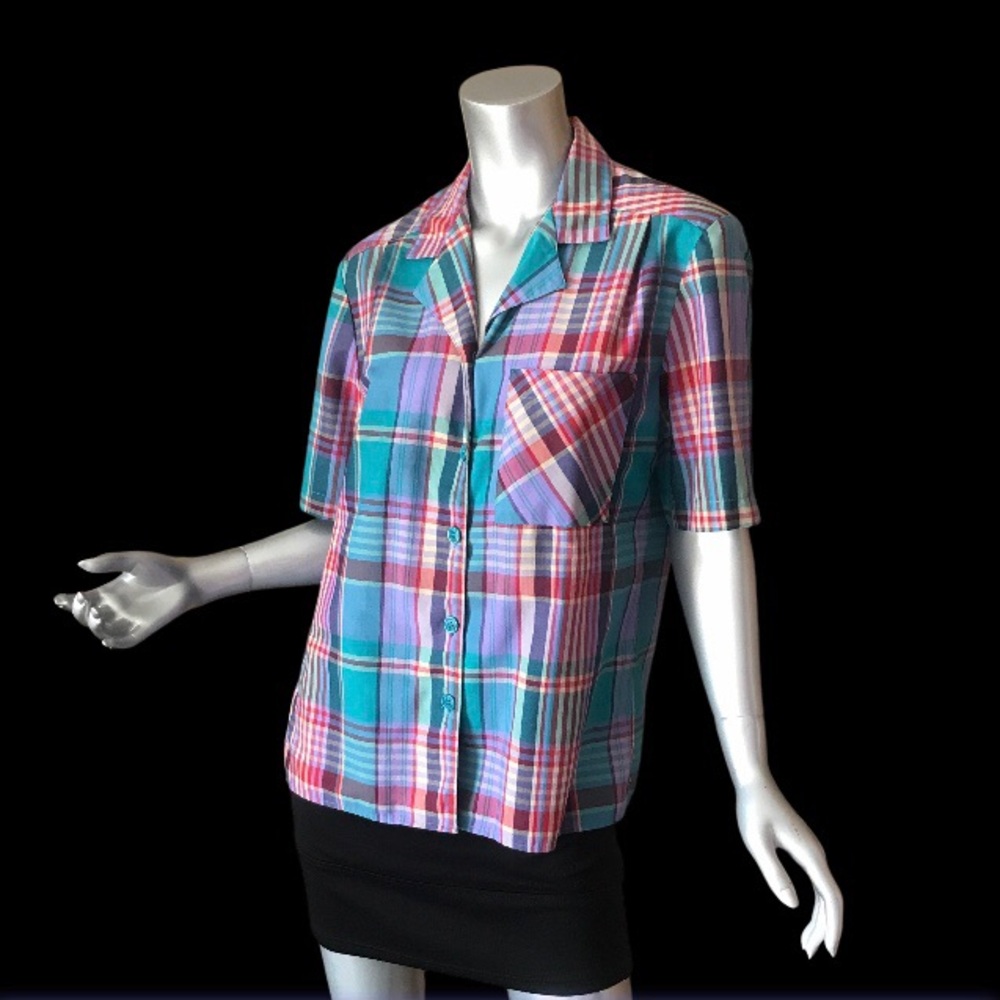 Vintage Haberdashery Teal Plaid Button-Up Pocket Shirt Short Sleeves Size 8 USA